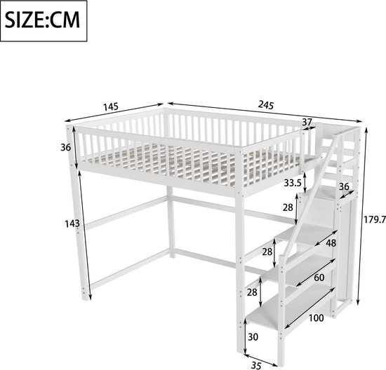 Stapelbed 140 x 200 cm met traprek en 2 laden (EN747-1
