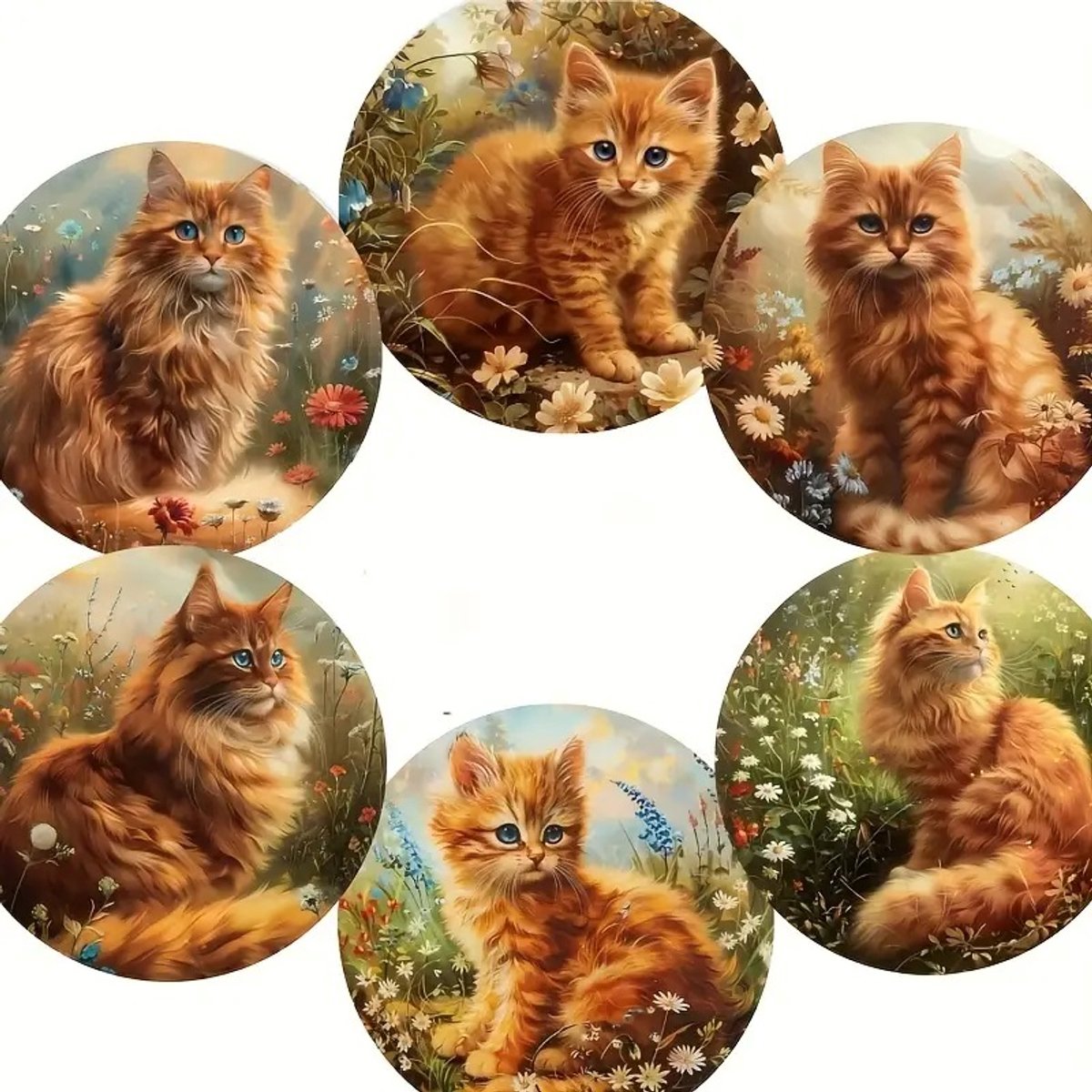 Onderzetters Rode Katten – Set van 6 – Ø10 cm – Hout (Triplex) – Rond – Decoratief