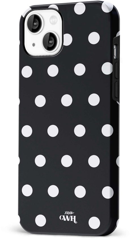 Zwarte hoes met witte stippen op een iPhone 13.
