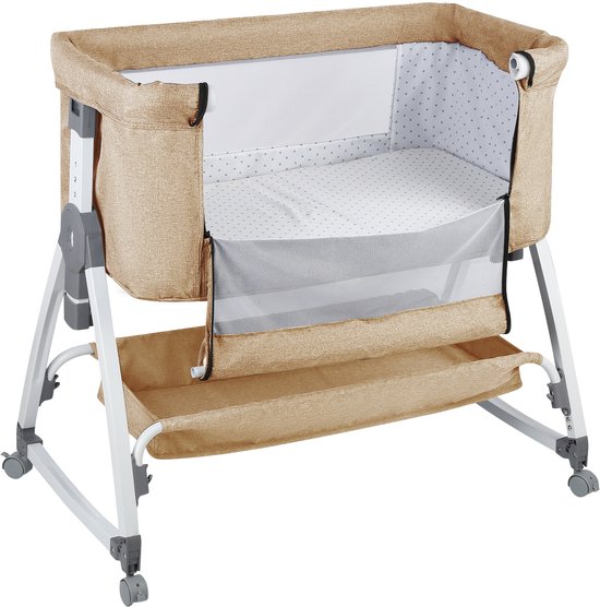 PIPIPOXER Babywieg vrijstaand babybedje - met matras, in hoogte verstelbaar, opvouwbaar,Beige
