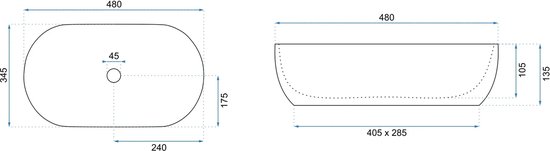 Technische tekening van een ovale waskom met afmetingen.
