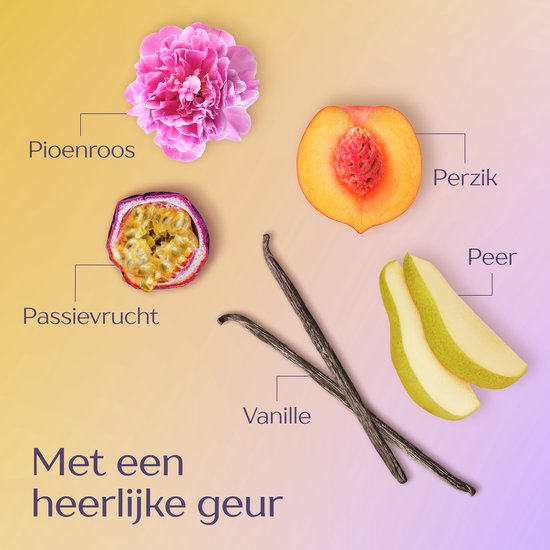 Afbeelding van pioenroos, passievrucht, perzik, peer en vanillestokjes.