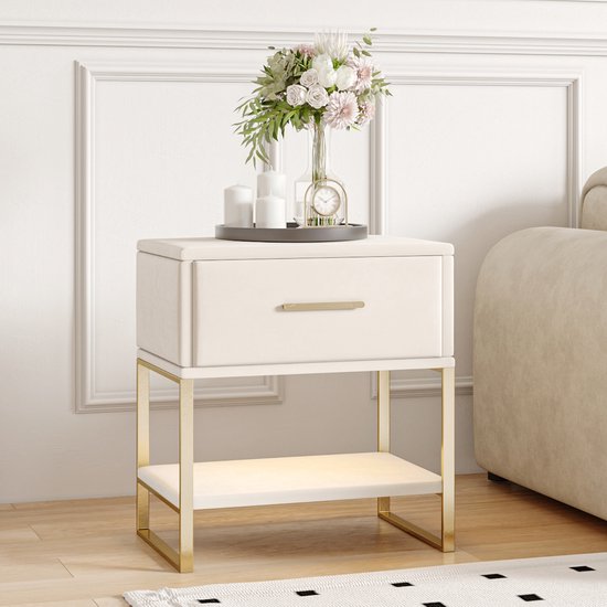 Nachtkastjes Set van 2, Moderne LED Nachttafel van Velours met 1 Lade en 1 Open Plank, Bed Nachtkast, Bijzettafels, voor Slaapkamer, Woonkamer, L40 x H50 cm, Beige