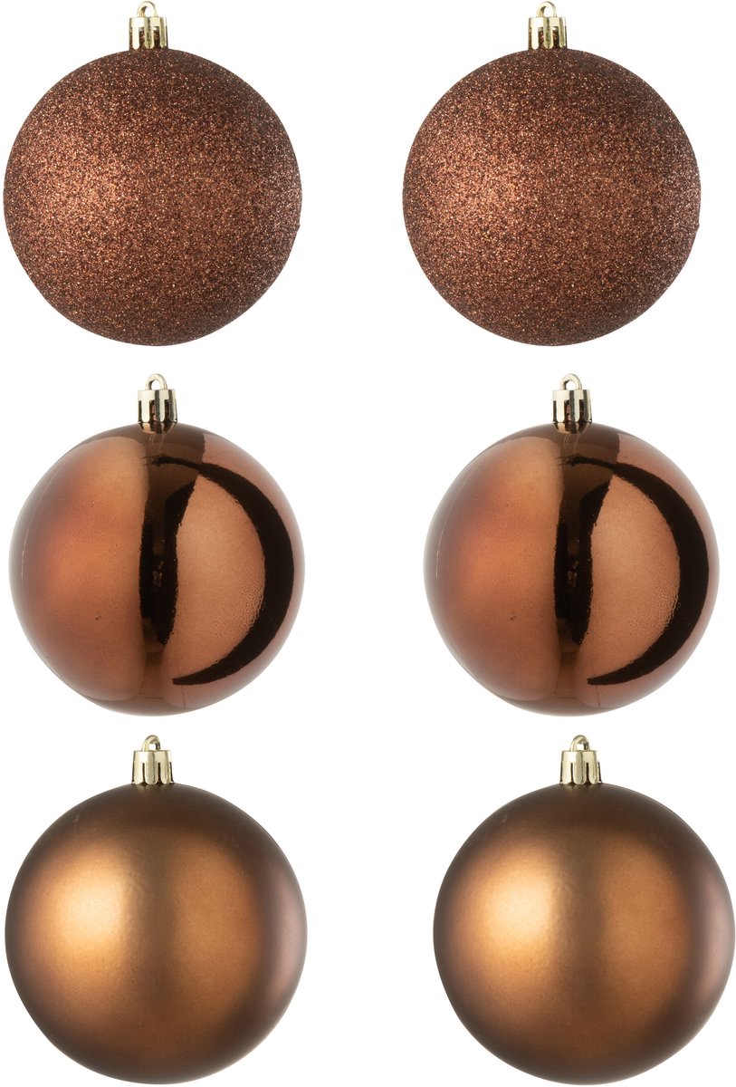 J-Line kerstbal - kunststof - donkerbruin - doos van 6