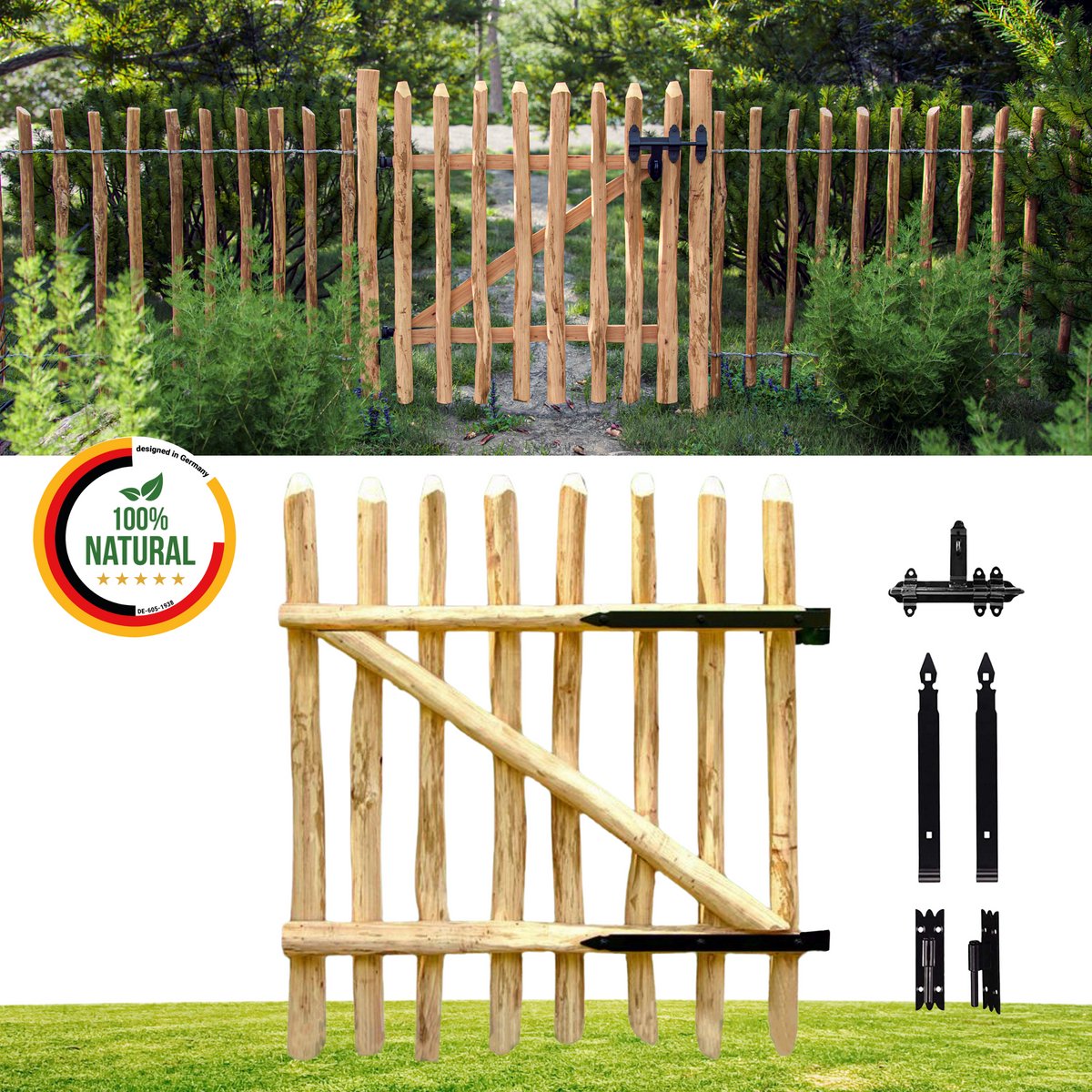 BOGATECO houten tuinpoort voor schapenhek | Breed: 100 cm | Hoog: 50 cm | latafstand: 6-7 cm | Bevat scharnieren en accessoires | Rechts openende deur