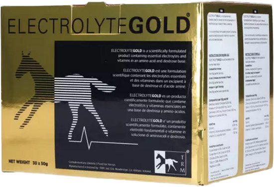 Gouden doos met 'ELECTROLYTEGOLD' en een silhouet van een paard, met productinformatie.