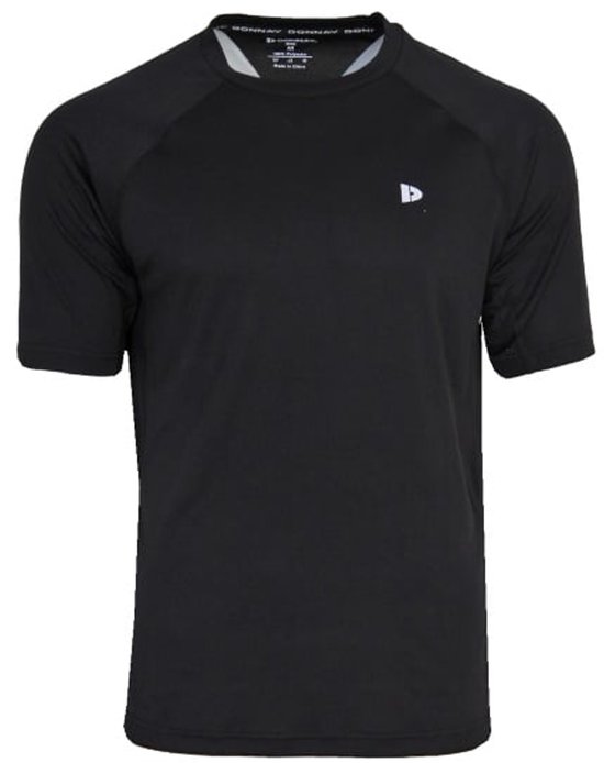 Zwart herensportshirt, korte mouwen, rond hals en klein logo op de borst.