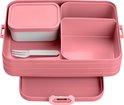 Boîte à lunch rose clair avec quatre compartiments, une boîte amovible avec couvercle et une fourchette.