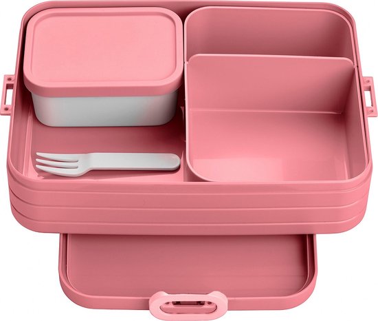 Boîte à lunch rose clair avec quatre compartiments, une boîte amovible avec couvercle et une fourchette.