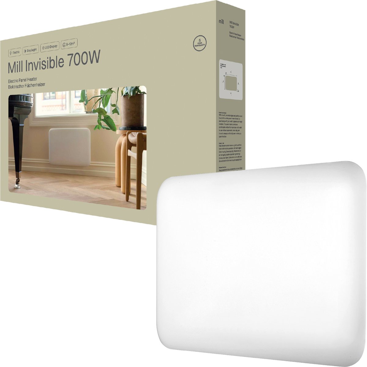 Mill IB700DN -Stalen paneelverwarming - 700 Watt- tot 12 m2 - 100% stil - geschikt voor de badkamer - 5 jaar garantie