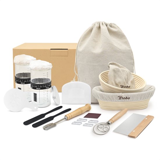Rijsmand met Deegschraper en Broodzak en Zuurdesem Starter Set - Rond en Ovaal Rijsmandje Broodbakken - Broodmand Brood Bakken met Fermentatiepot - Set met Deegsnijder Deegmesje Deegsteker Deegkleed Deense Deegklopper