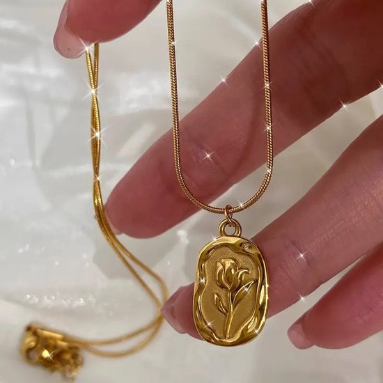 Collier doré pour femme - chaîne à maillons avec pendentif - pendentif fleur en relief