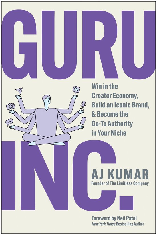 Boekomslag 'Guru, Inc.' met een illustratie van een persoon met zes armen, omringd door social media iconen.