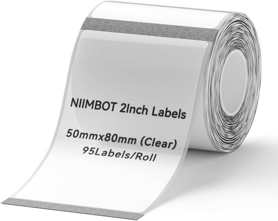 Rol transparante Niimbot labels 50x80mm, 95 labels per rol. Afmetingen duidelijk aangegeven.