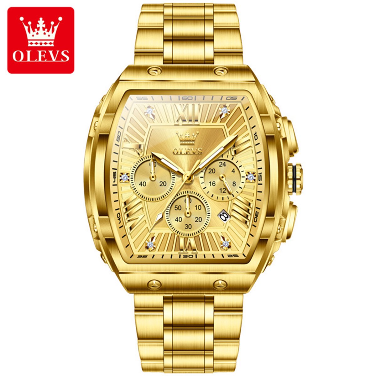 HO-5639.g : Olevs geborsteld edelstaal chronografisch goudkl heren quartz horloge 