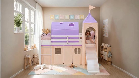 Lit mezzanine Homestyle4u - 90x200 cm - pêche - avec toboggan