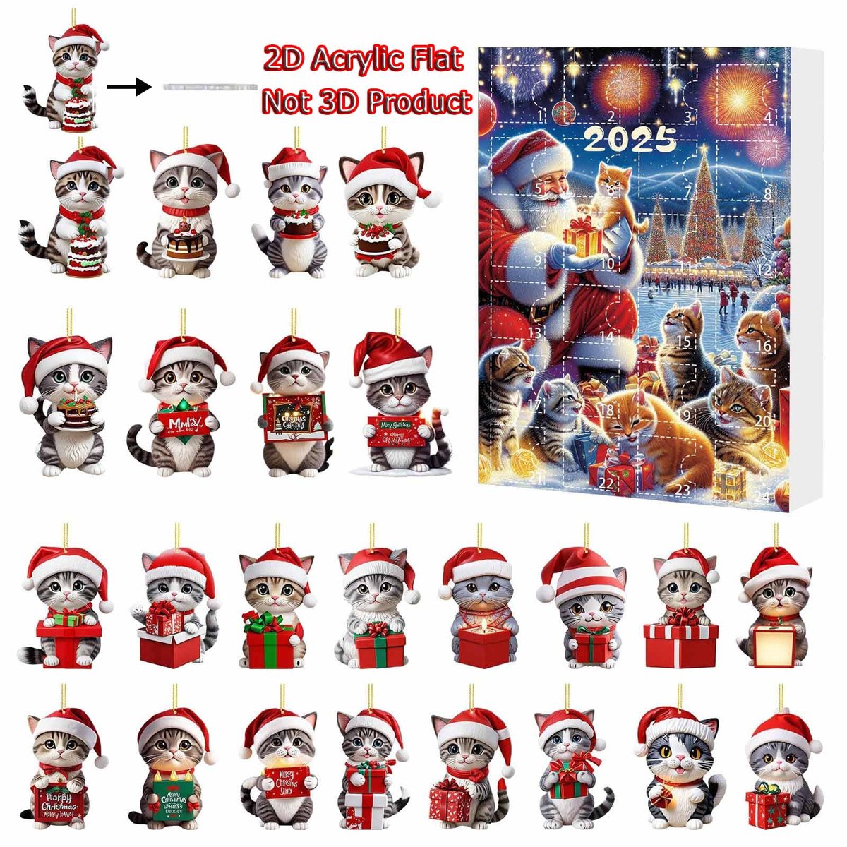 Schattig 2D acryl katje met kerstmuts - hangend ornament voor Kerstkatten Adventskalender 2025.