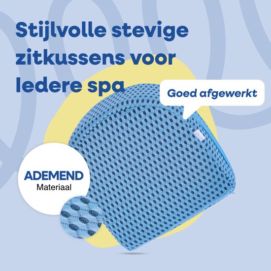 Een blauw spa zitkussen met stippenpatroon, met tekst die de voordelen benadrukt: 'Stijlvolle stevige zitkussens voor iedere spa', 'Goed afgewerkt' en 'ADEMEND Materiaal'.