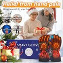 Elektrische handschoenen met rode vlammenprint, warmte-elementen en een rode strik op de doos, met tekst 'Smart Glove'.
