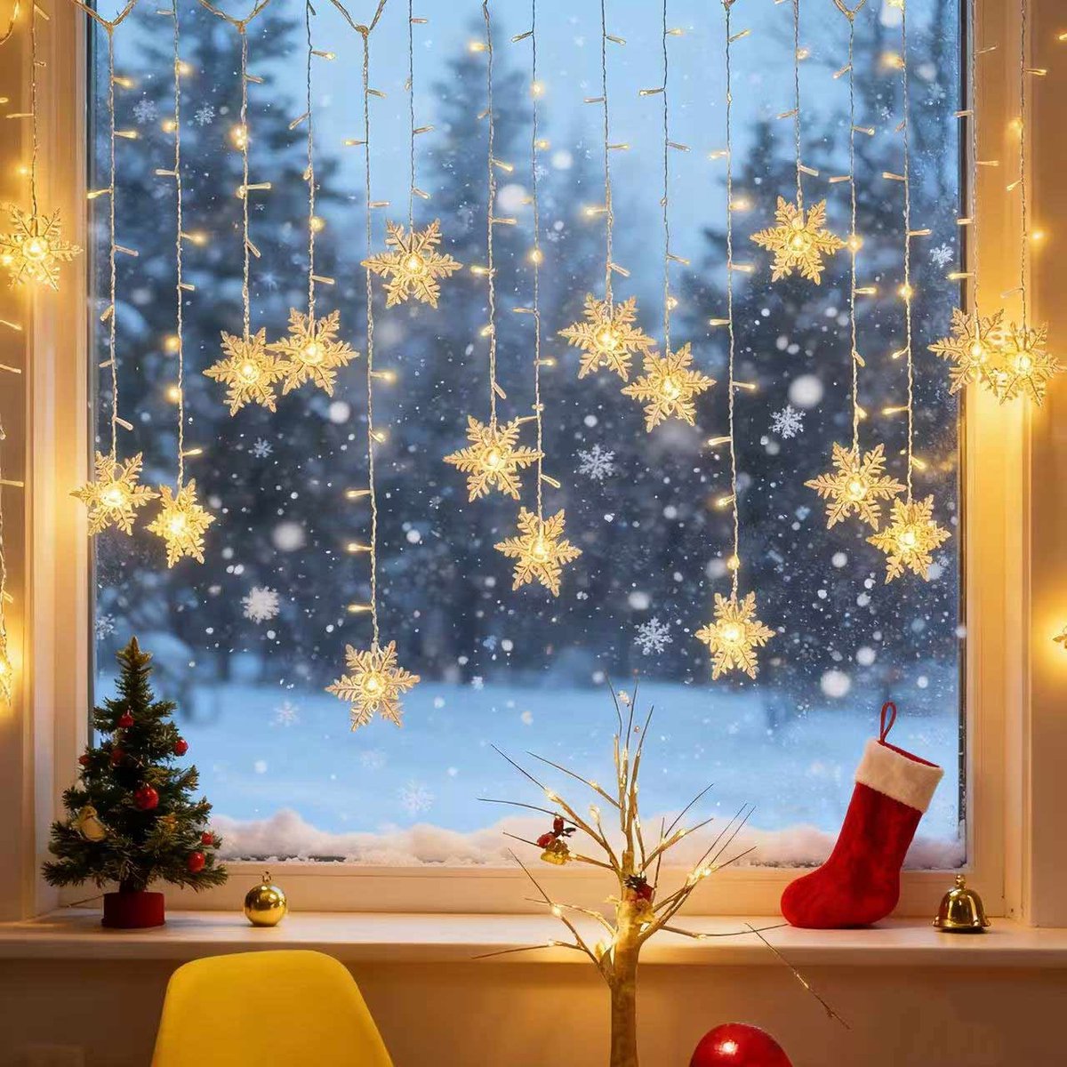 Meedeer Christmas LED Kerstverlichting-Kerst Raamverlichting-4 m-8 lichtstanden + afstandsbediening-LED String-grote maat sneeuwvlokken hangende lichtjes s-voor Indoor Party Bruiloft Slaapkamer-Geschikt voor Kerstmis（Warm Wit）
