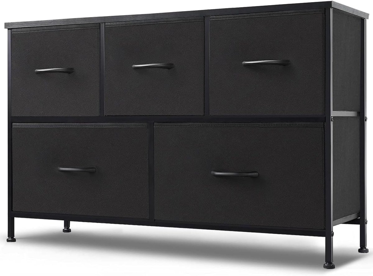 Dressoir / Brede Opbergkast met 5 Stoffen Lades (100 × 30 × 53 cm) – Stevig Metalen Frame – MDF Bovenblad – Industrieel Zwart – Ideaal voor Slaapkamer & Woonkamerkinderkamer HMTM-SC-5D-BK