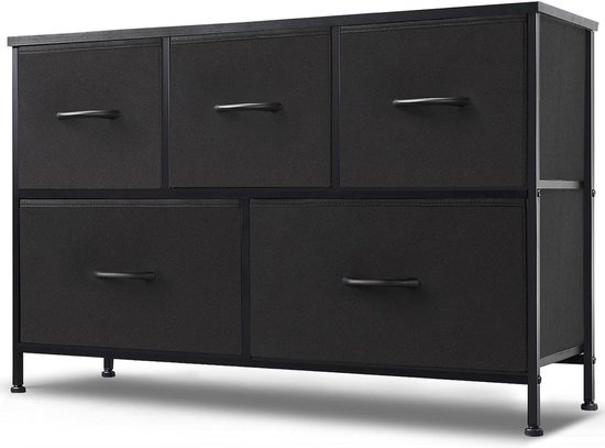 Commode voor slaapkamer, brede lade, commode, organizer, opbergladen, stoffen opslag met 5 laden, kleine commode, tv-standaard voor slaapkamer, kast, woonkamer, kinderkamer HMTM-SC-5D-BK
