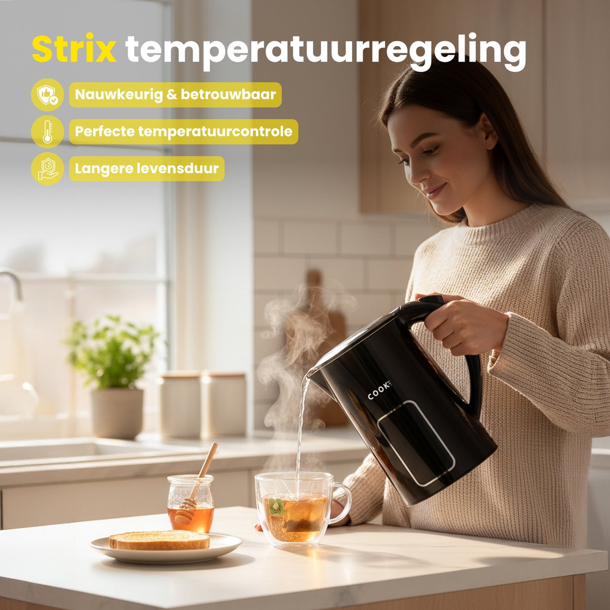 COOK-IT Waterkoker - LED Touchscreen - Instelbare Temperatuurregeling - Waterkokers - 1.7L - Elektrisch - Cool Touch — afbeelding 3