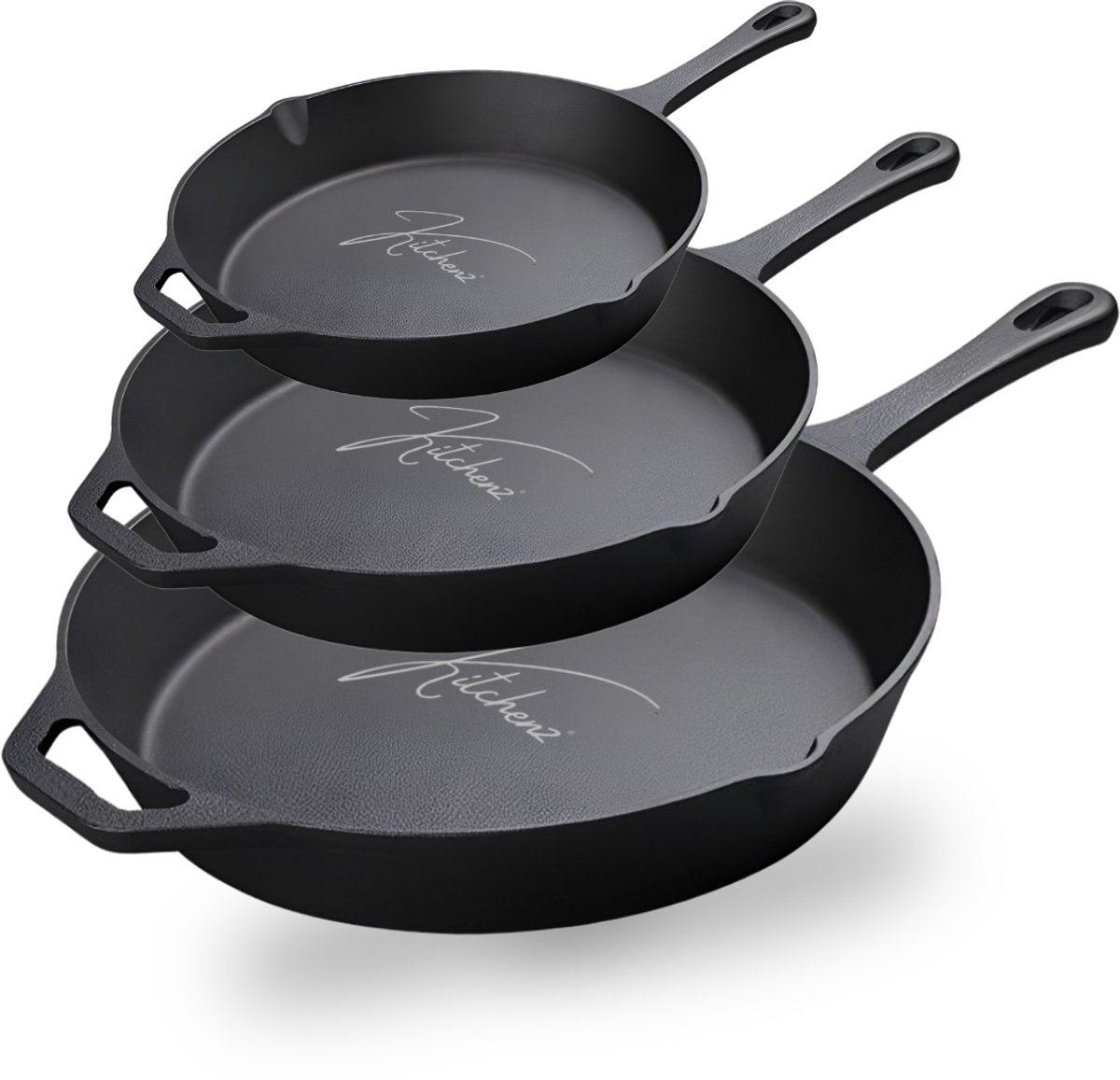Kitchenz® Gietijzeren Pannen 15 CM / 20 CM / 25 CM - Skillet - Gietijzer Koekenpan Braadpan Grillpan & Hapjespan - Kamado Accesoires - Gas & Inductie - Incl. Receptenboek