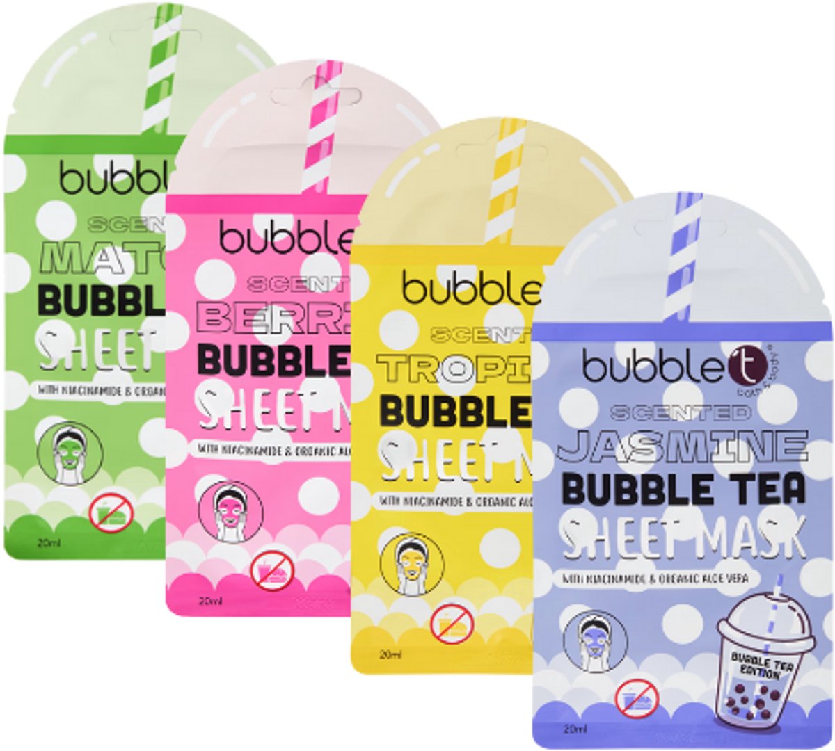 Bubble T Face Sheet Mask - Set van 4 | Bubble Tea Gezichtsmaskers - Met Niacinamide & Aloë Vera | Hydraterend & Verfrissend - Vegan