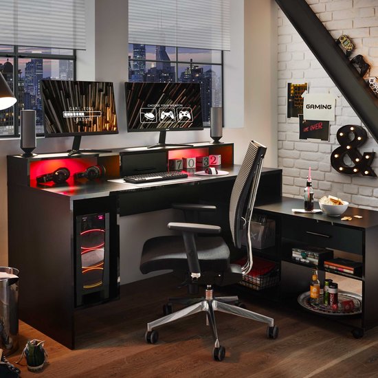 Bureau gaming Tudi éclairage compris - noir - Bega Consult - Bureaux gamer - Noir - Panneaux de particules - Bureaux gamer