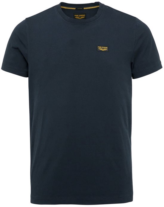 T-shirt bleu marine PME Legend avec logo doré sur la poitrine, sur fond blanc.