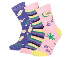 Leuke vrolijke katoenen meisjes sokken met print - 6 paar Apollo kousen metstrepen, ijsjes - vakantie strand thema - maat 31/34 - multicolor - 2x leuke 3 pack kindersokken