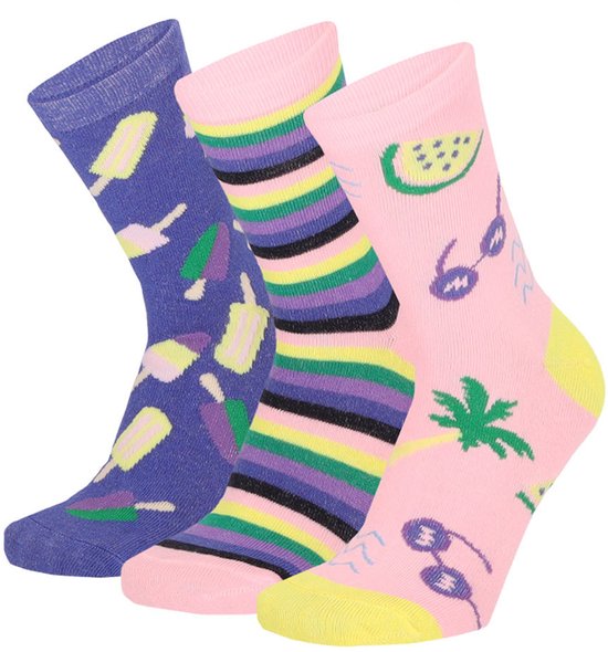 Chaussettes en coton pour filles, mignonnes et gaies, avec imprimé - 6 paires de chaussettes Apollo à rayures et glaces - thème plage - pointure 31/34 - multicolores - Lot de 2 x 3 paires de chaussettes enfant.