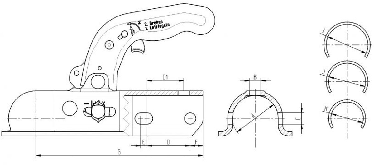 KNOTT aanhangwagen kogelkoppeling K30U tot 3000 kg, universele uitvoering Ø35/Ø40/Ø45/Ø50 mm
