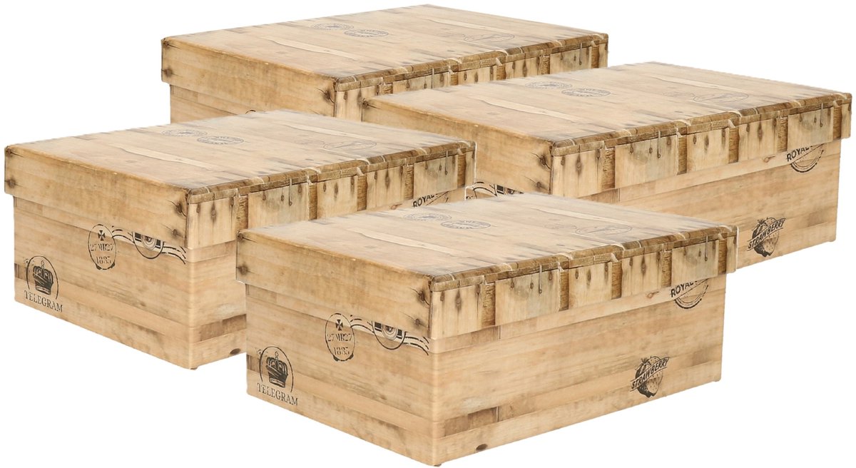 5Five Opbergdoos/box - 4x - houtkleur - L28 x B19 x H10 cm - Stevig karton - Woodybox