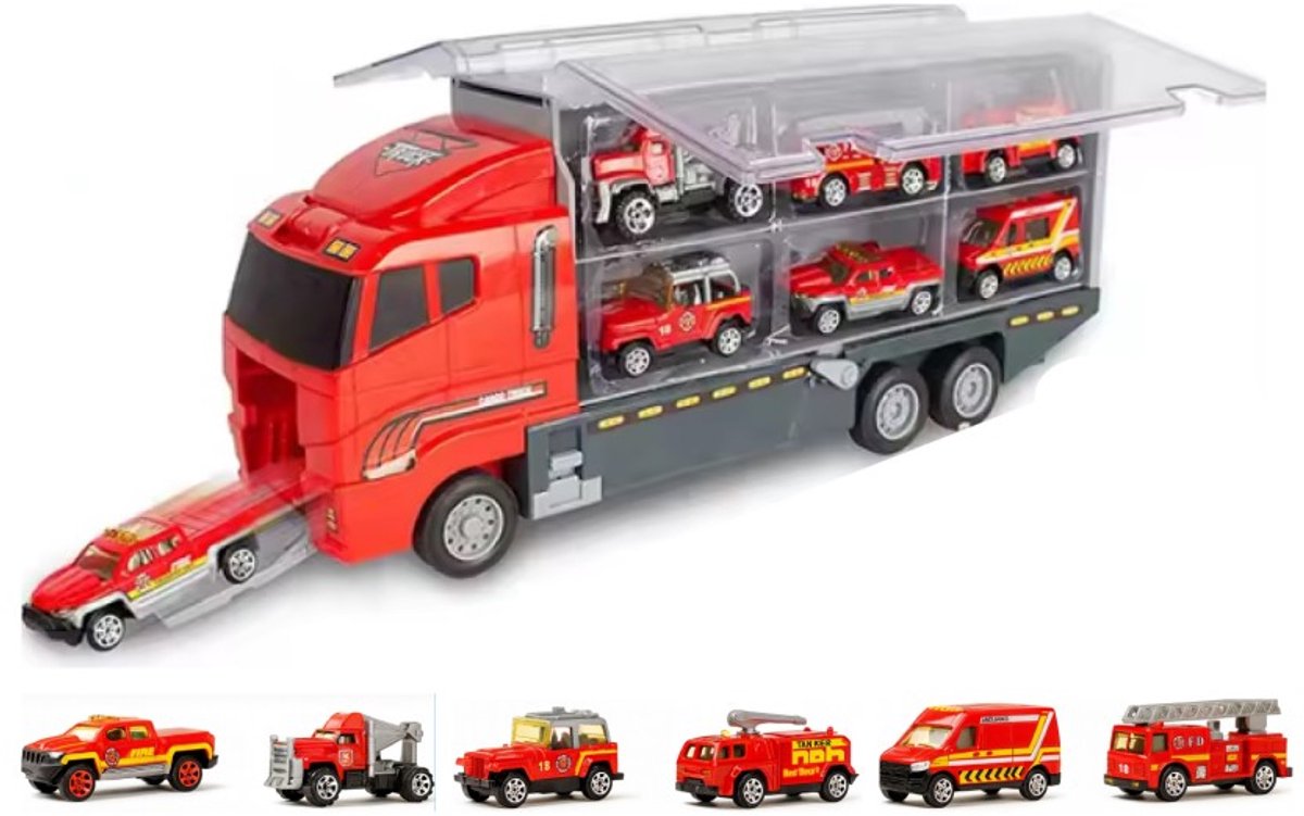 Goodz4All Speelgoed Brandweer Vrachtwagen Brandweerauto Auto met 6 Mini Autootjes - Transportwagen met 6 Miniatuur Auto’s Ziekenwagen Takelwagen Kiepwagen Pick Up Truck Brandweerwagen - Trailer Constructie Autotransporter met Kleine Autootjes