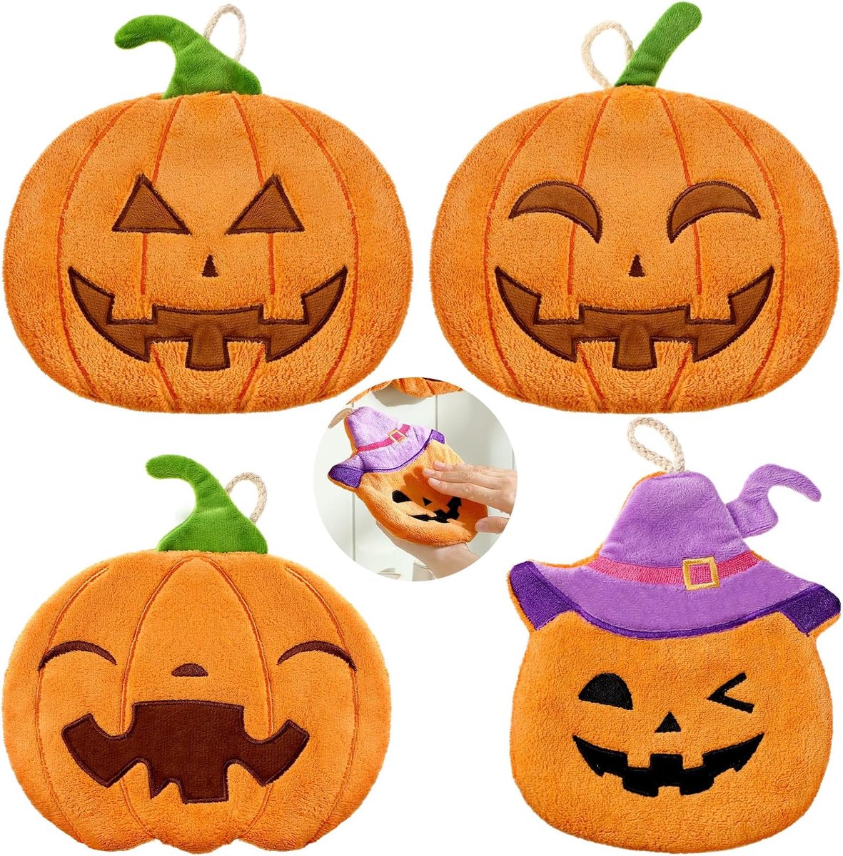 Daity 4 Pack Pumpkin Halloween Hand Towels - Autumn Pumpkin Kitchen Dish Towel Set - Absorbent Soft Fun Decoration - Luxury Halloween Bathroom Decor - for Drying - Cleaning - Cooking - Holidays - Thanksgiving Gifts