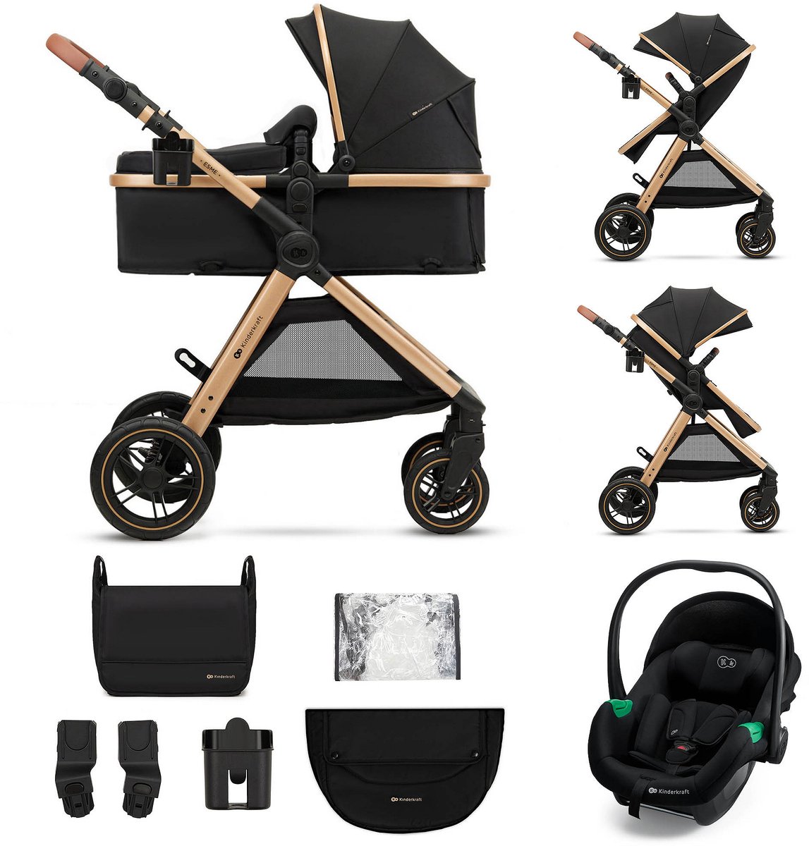 Kinderkraft ESME PRO 3-in-1 Kinderwagen – Beigekleurige multifunctionele combi met reiswieg, wandelwagen en autostoel - Zwart - Kinderkraft - €249,00