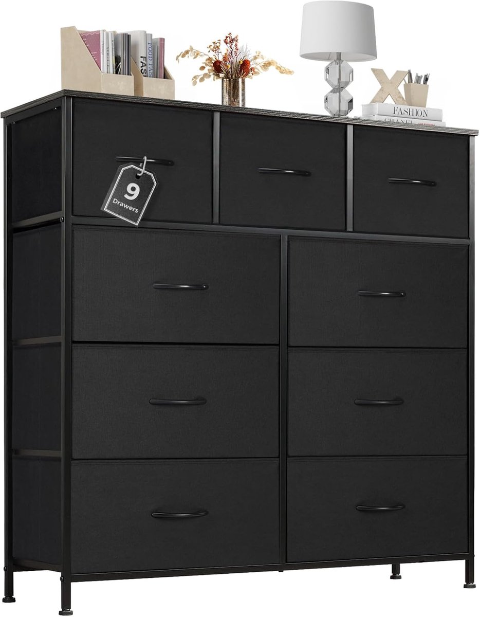 Dressoir, dressoir, woonkamer voor slaapkamer, met 9 stoffen laden, verstelbare poten, ladekast, commode voor slaapkamer, klassiek zwart, HMTM-SC-9D-BK