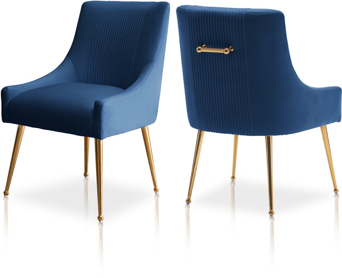 SEYNAR Set van 2 Eetkamerstoelen - Moderne Fauteuilstoelen met Fluweel & Gouden Poten - Plooien Design - voor Woonkamer en Kantoor - Navy