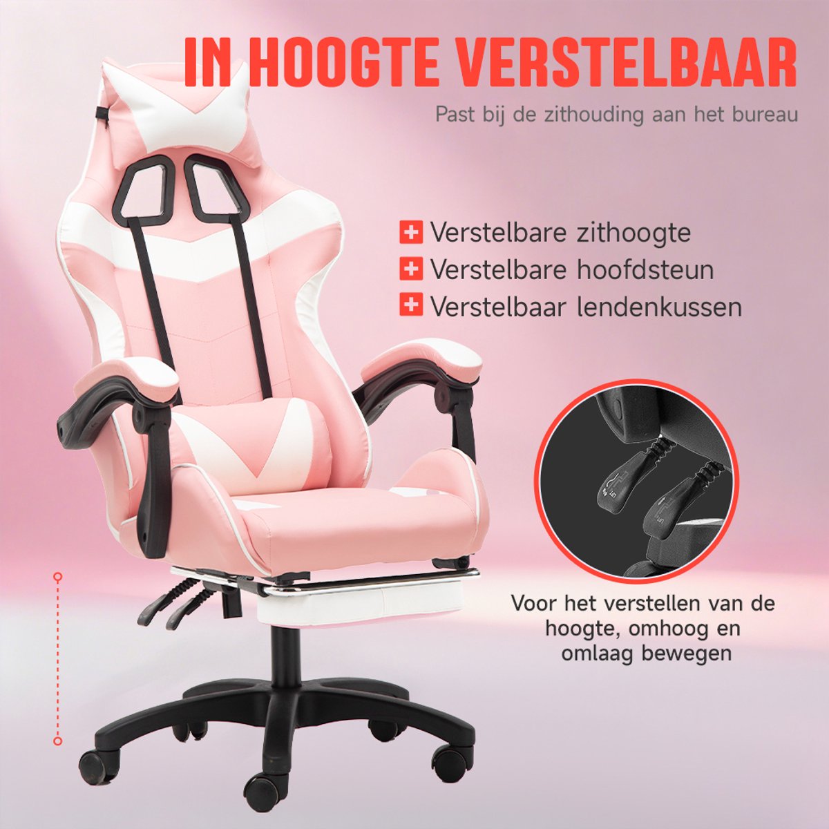 Gotatee Ergonomische Gamingstoel met Lendensteun Wit-Roze - afbeelding 3