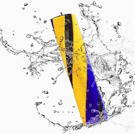 Gele en blauwe borstel met zwarte strepen, omgeven door opspattend water.