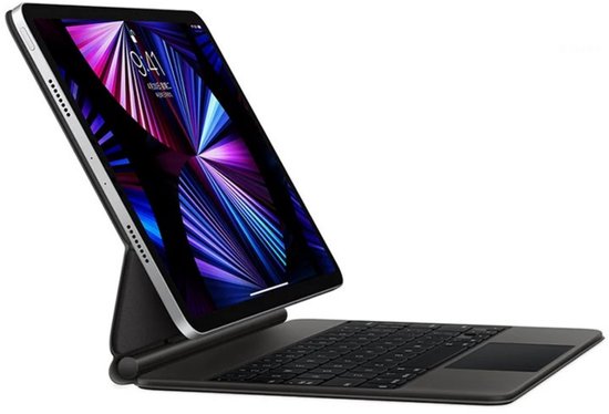 Zwart toetsenbord met touchpad en tablet met een paars blauwe achtergrond op het scherm.