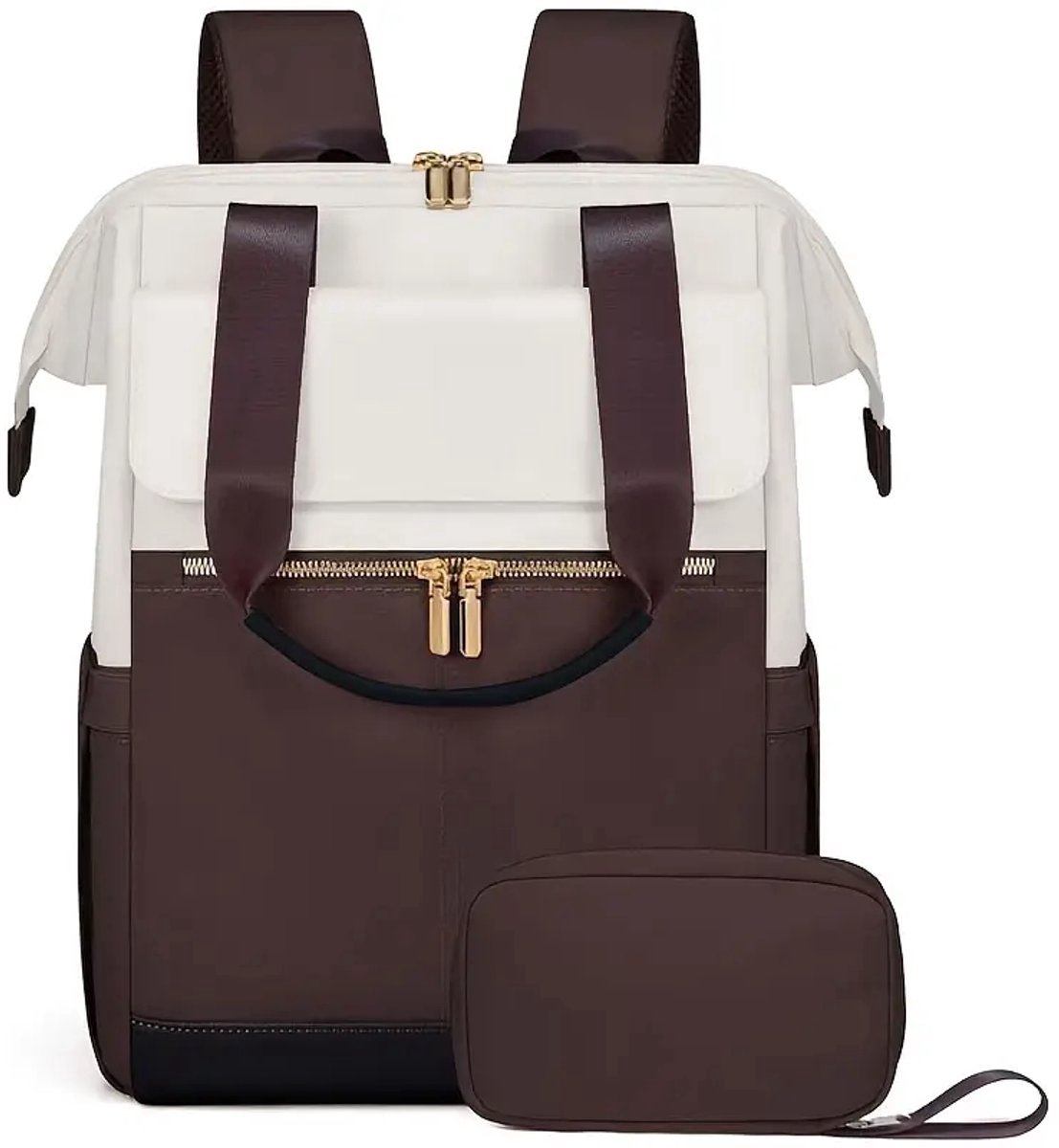 Sjtoer Rugzak met tasje - Schooltas - Handbagage vliegtuig - Laptop - Bruin/Creme Wit - Laptoptas - 15.6 inch - Waterbestendig - Rugtas voor dames/meiden - Portemonnee, make-uptas, handtas - 2-delige set