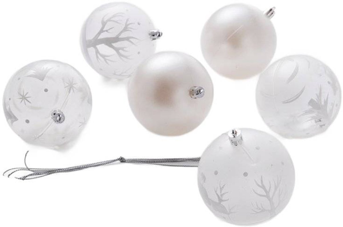 Set van 6 witte en transparante kerstballen van 8 cm, van het merk Homla.