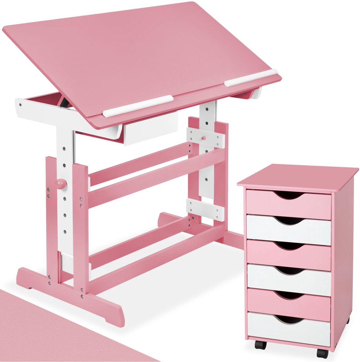 tectake® Kinderbureau met Ladekast - Tekentafel - Kinder Bureau - Kantelbaar en In Hoogte Verstelbaar - Kast met 6 Laden - Roze