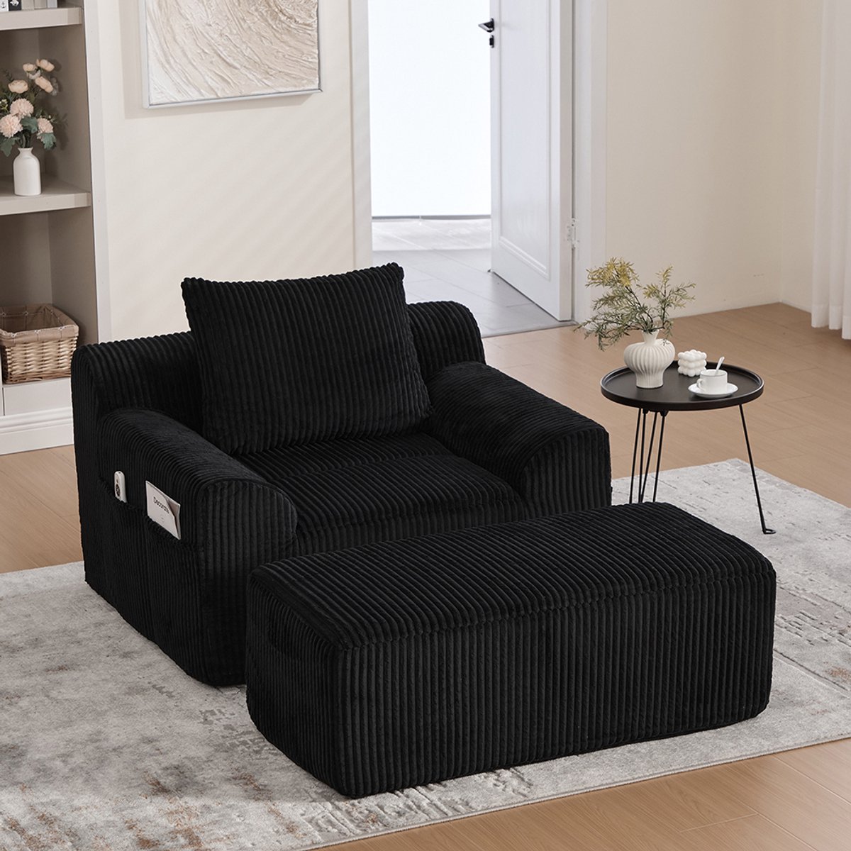 BLACKCOLORS - Extra grote fauteuil - met beugels - leesfauteuil van corduroy - met zijvakken - met kussens - diepe zitting - moderne gestoffeerde fauteuil - zachte fauteuil zonder frame - geen montage nodig - Geei