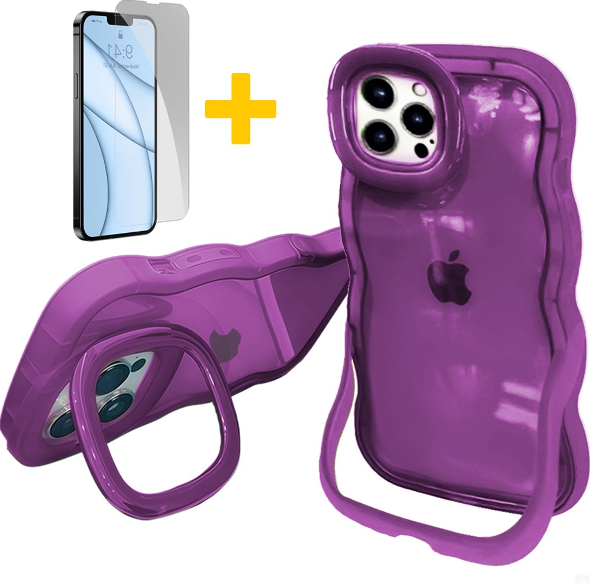 Hoesje voor iPhone 15 Pro Max, Dubbele Standaards Case, Wavy TPU Hose met Golfrand, Schattige Schokbestendige Hose voor Vrouwen-Transparant Design, Paars - Screenprotector