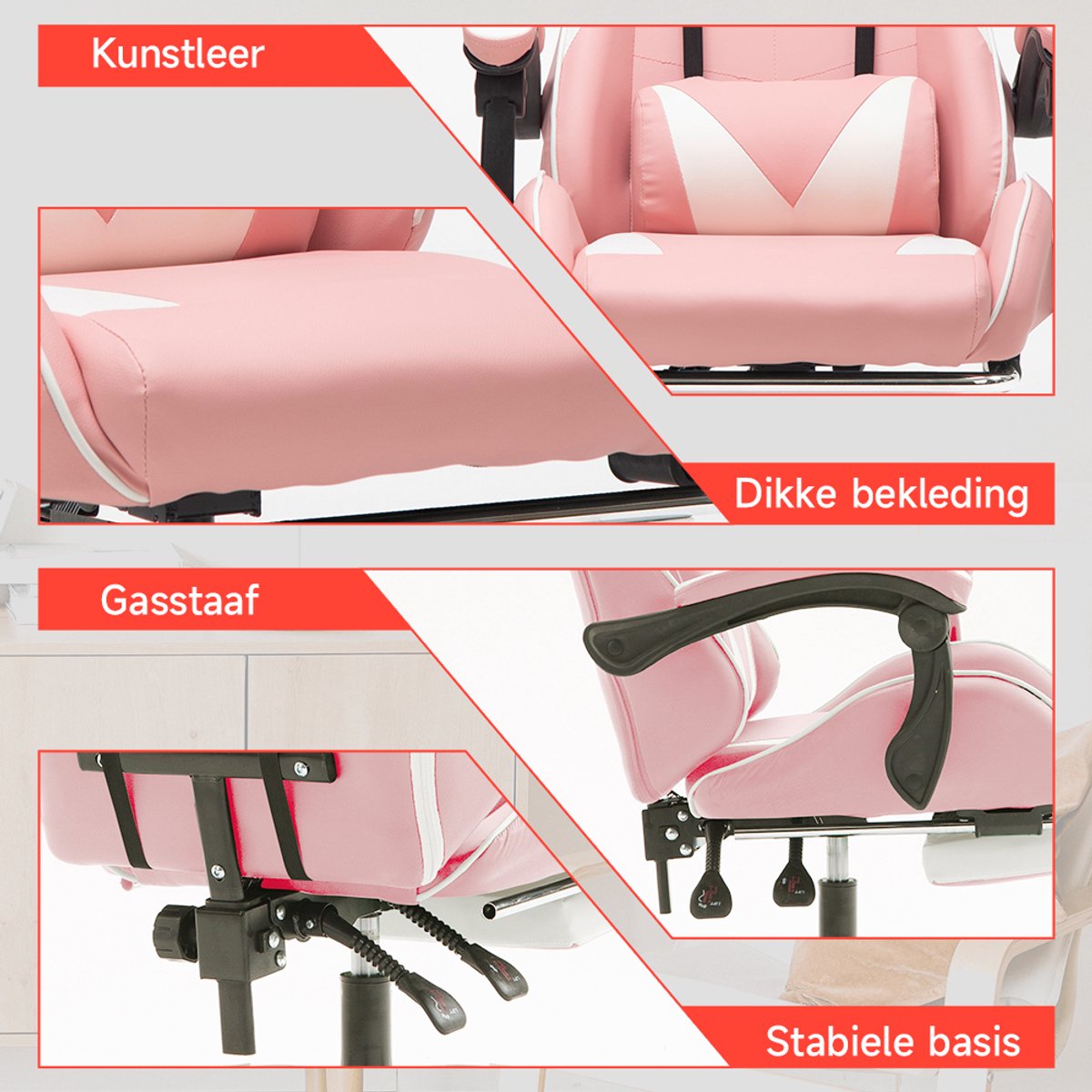 GOTAGEE Ergonomische Gamingstoel Met Lendensteun Wit-Roze - afbeelding 3