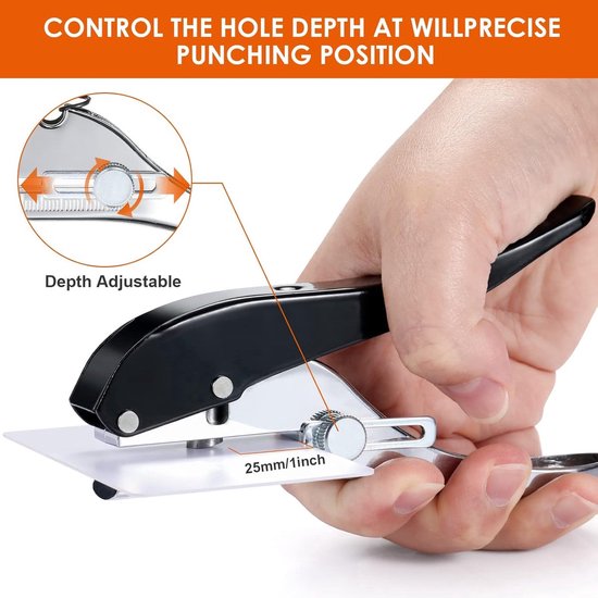 Hand die een zwarte perforator gebruikt, met uitleg over instelbare diepte tot 25mm.